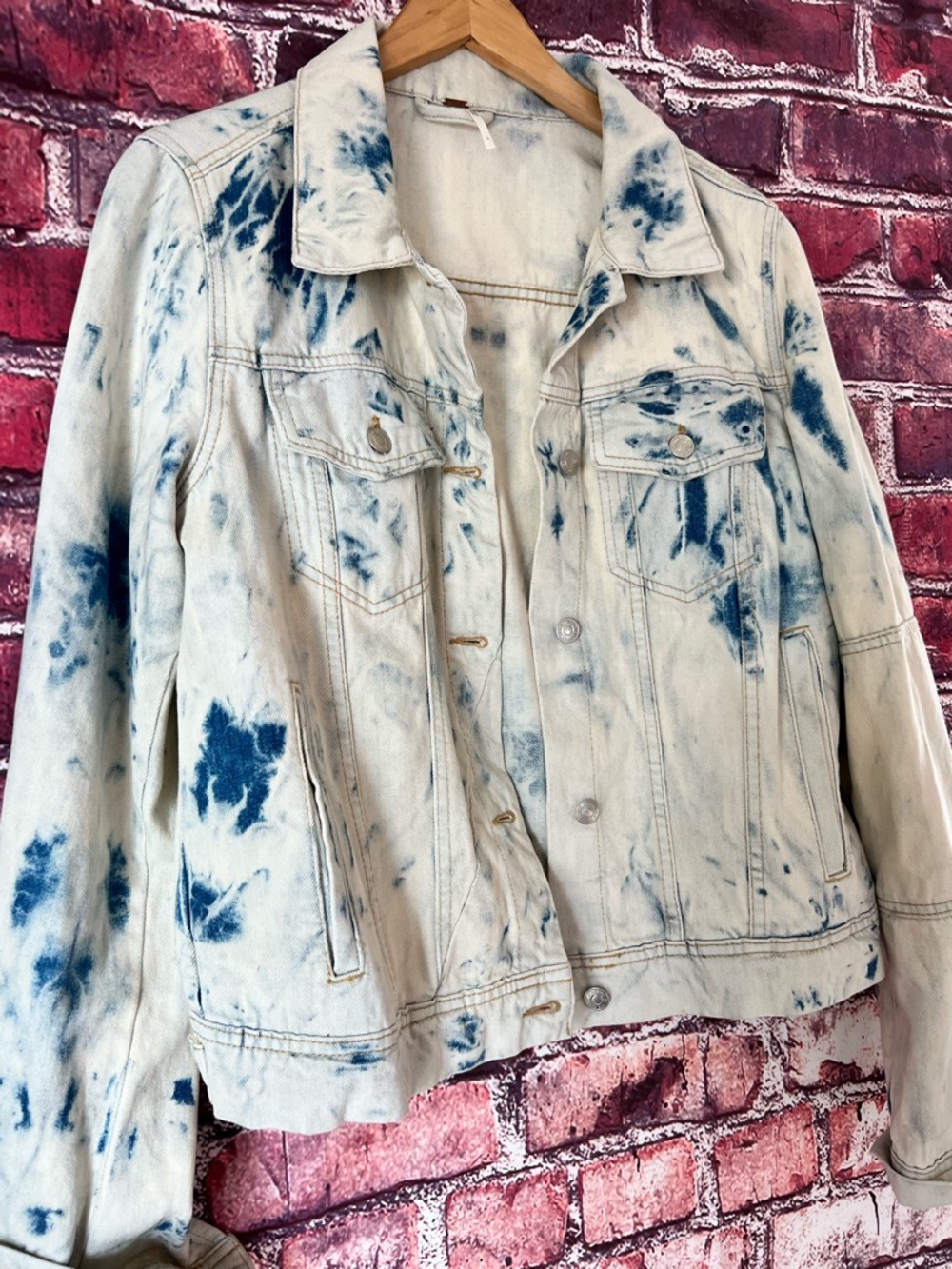 Free People Bleached Denim Jacket with Blue Tie-Dye Spots - Picture 4 of 5